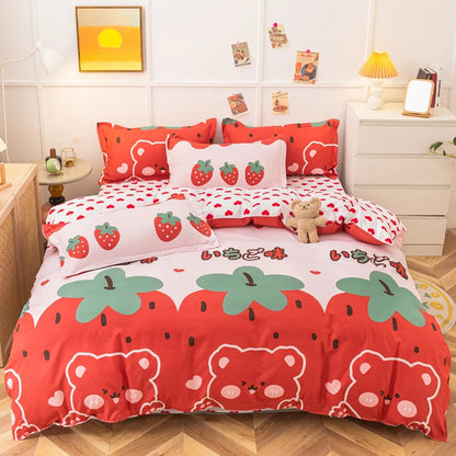 UPzo Strawberry Bedding Set Double Sheet Soft 3/4pcs Bed Sheet Set Duvet Cover Queen King Size Comforter Sets For Home For Child