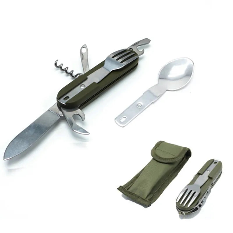 Vaisselle pliable Portable, vert de l'armée, couteau en acier inoxydable, fourchette cuillère ouvre-bouteille, couverts de Camping en plein air, équipement