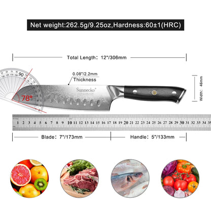 SUNNECKO 7" inch Santoku Kitchen Knife Japanese VG10 Steel Blade Razor Sharp Damascus Cut Chef's Tool Cooking G10 Handle Knives