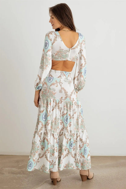 Paisley Criss-Cross O-Ring Open Back Maxi Dress