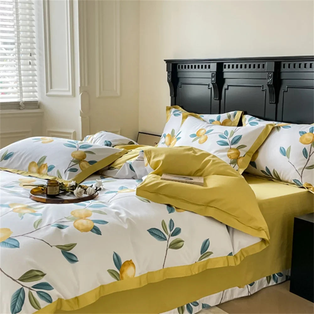 Svetanya Yellow Lemon Fruit Fresh Bedding Set Satin Egyptian Cotton Duvet Cover Set Queen King Size Linens Pillowcases