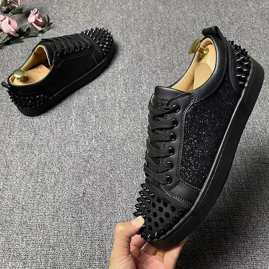 Korean style men casual rivet shoes stage nightclub dresses genuine leather flat shoe black trendy sneakers personality footwear