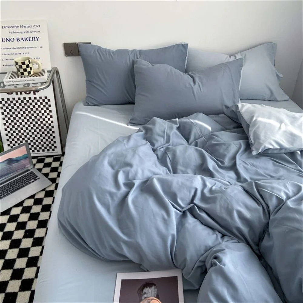 INS Solid Color Bedding Set Boys Girls Twin Queen Size Duvet Cover Flat Sheet Pillowcase Bed Linen Adults Fashion Home Textiles