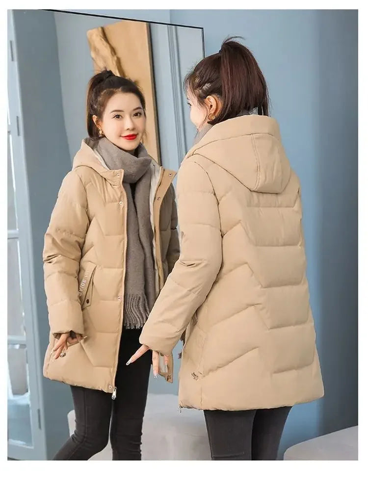 Winter Fashion Women Mid Length Down Cotton Jacket Korean Loose Thick Warm Padded Coat Female Hooded Parkas Outerwear Winter