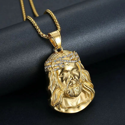 Stainless Steel Titanium Hip Hop God Jesus Human Head Luxury Gold Plated Pendant Collar Chains Necklace for Men Women Jewelry