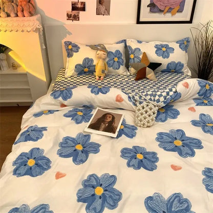 Ins Pink Flowers Bedding Set Fashion Flat Sheet Duvet Cover No Filling Pillowcase Twin Full Queen Nordic Boy Girl Bed Linen