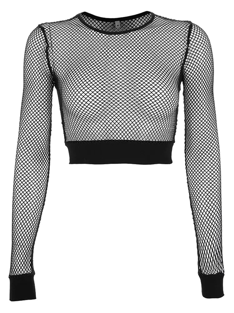 HEYounGIRL Sexy Mesh Crop Tops Tee Shirt Femme Hollow Out Black Tshirt Women See Trough Long Sleeve Streetwear Fishnet T Shirt