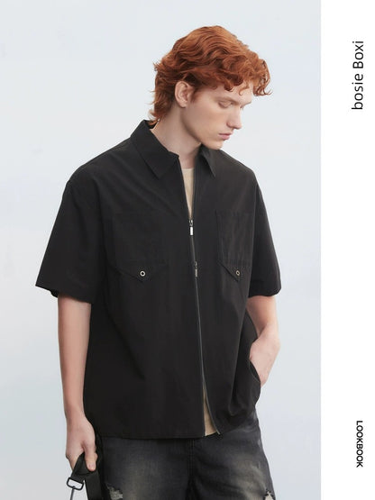 Trendy Bosie Double Zipper Outwear Short Sleeve Shirt