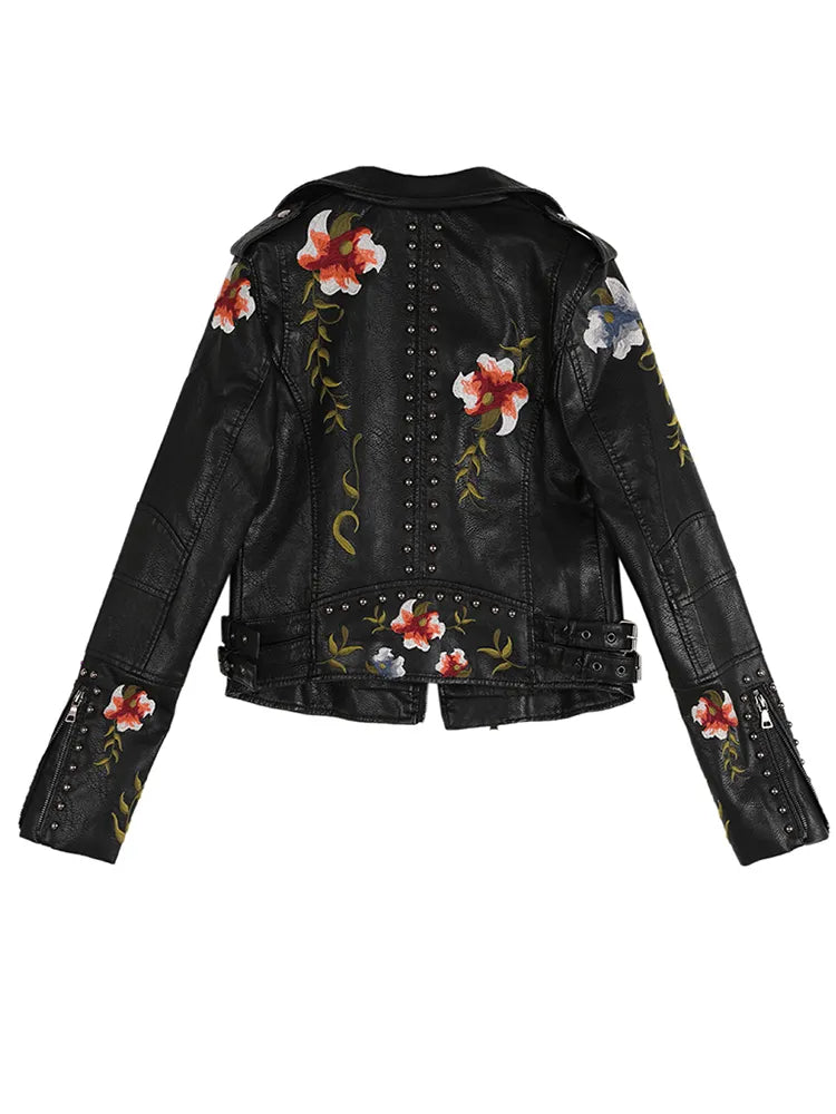 Ftlzz Frauen Blumendruck Stickerei Faux Weiche Lederjacke Mantel Umlegekragen Casual Pu Motorrad Schwarz Punk Oberbekleidung