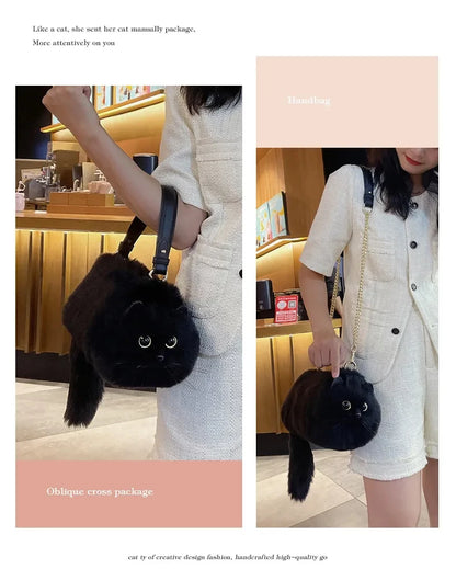 JIAERDI Lolita Plush Cute Cat Bag Women Harajuku Animal Circular Fur Soft Kawaii Hand Bag Female Sweet Cool Black Crossbody Bags