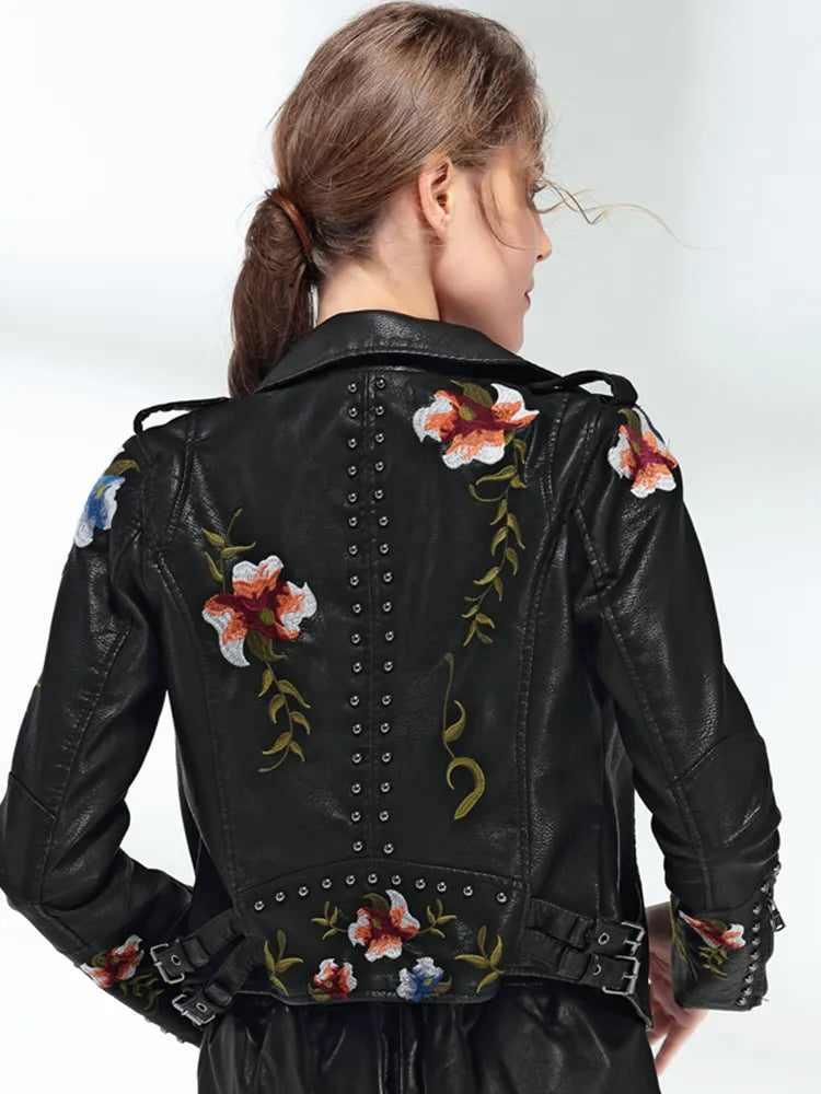 Ftlzz Frauen Blumendruck Stickerei Faux Weiche Lederjacke Mantel Umlegekragen Casual Pu Motorrad Schwarz Punk Oberbekleidung