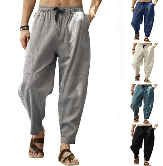 Pantalon court décontracté pour hommes, ample, en coton et lin, avec cordon de serrage, sarouel, Patchwork, lanterne, tenue de rue, Baggy, Streetwear