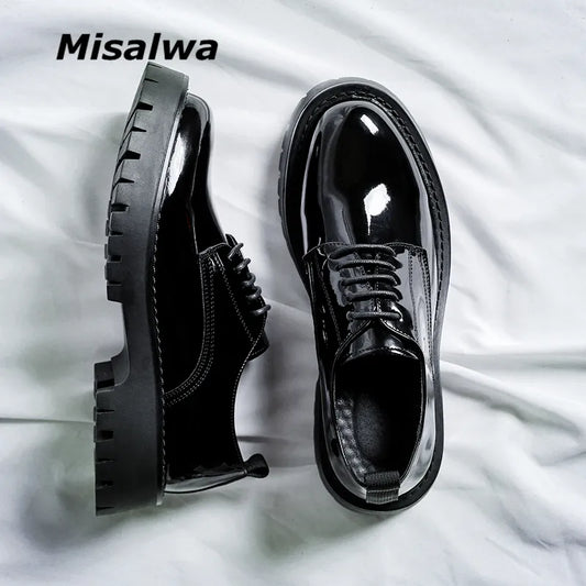 Misalwa Mid Heel Men Oxford Shoes Patent Leather British Men's Office Shoes Men Dress Shoes Formal Lace-up Black Shoes