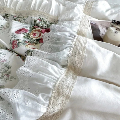 Ruffle patchwork 3Pcs Floral 100%cotton White Duvet Cover Set +2Pillowcases US/UK Super King size  Bedding Sets