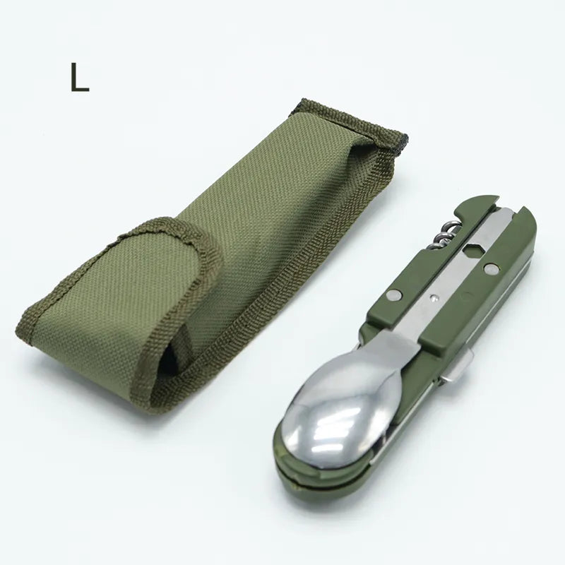 Vaisselle pliable Portable, vert de l'armée, couteau en acier inoxydable, fourchette cuillère ouvre-bouteille, couverts de Camping en plein air, équipement