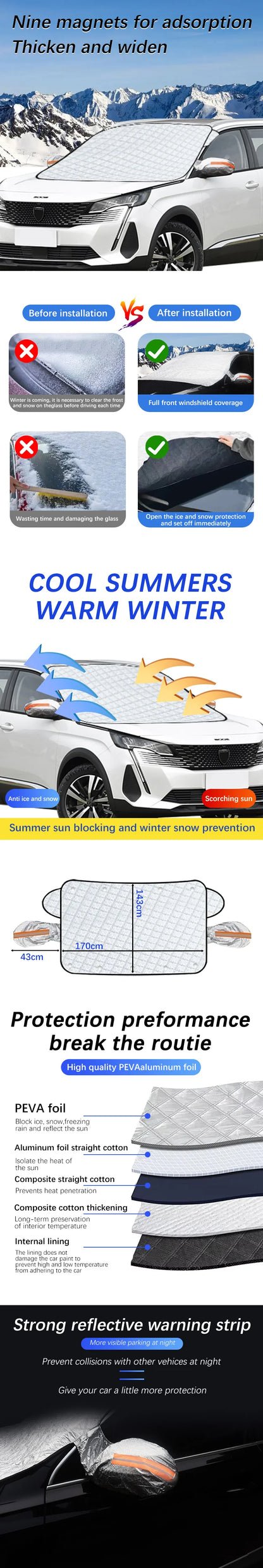 Magnetic Car Windshield Snow Cover Winter Ice-Frost Guard Sun Shade Protector For Peugeot 5008 2017-2024 Exterior Accessories