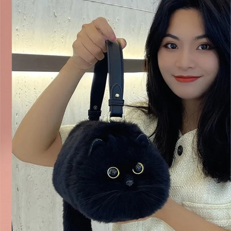 JIAERDI Lolita Plush Cute Cat Bag Women Harajuku Animal Circular Fur Soft Kawaii Hand Bag Female Sweet Cool Black Crossbody Bags