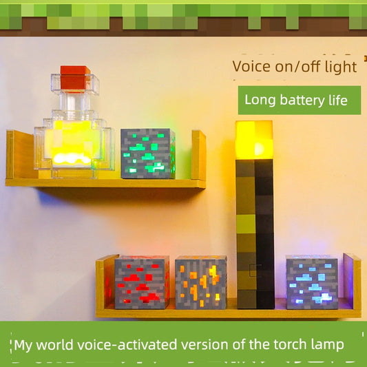 My World MC Torch Small Night Lamp Pixel Wind Wall-Mounted Night Light Ambience Light Charging Game Voice-Controlled Peripheral Toys