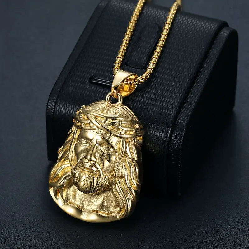 Stainless Steel Titanium Hip Hop God Jesus Human Head Luxury Gold Plated Pendant Collar Chains Necklace for Men Women Jewelry