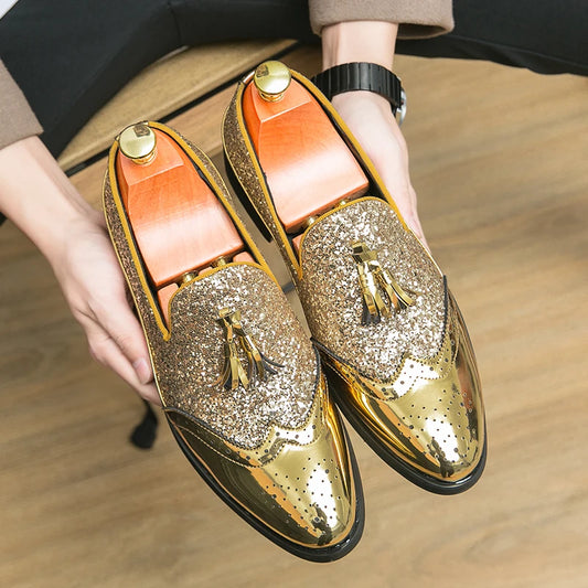 Luxury Brand Men Party Tassels Leather Casual Shoes Luxury Designer Pointed Gold Sequin Loafers Evening Footwear Zapatos Hombre