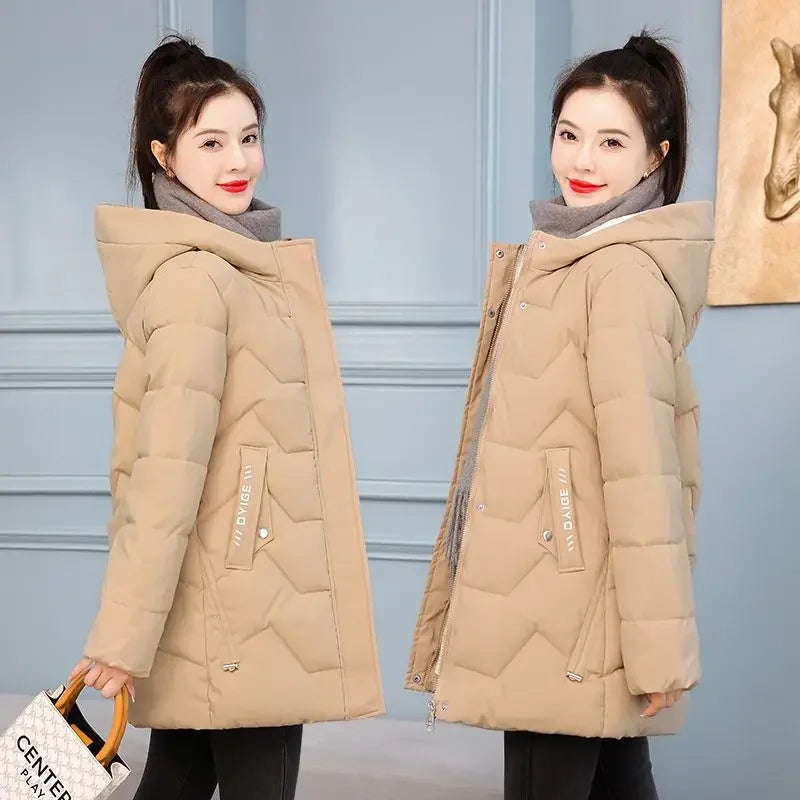 Winter Fashion Women Mid Length Down Cotton Jacket Korean Loose Thick Warm Padded Coat Female Hooded Parkas Outerwear Winter