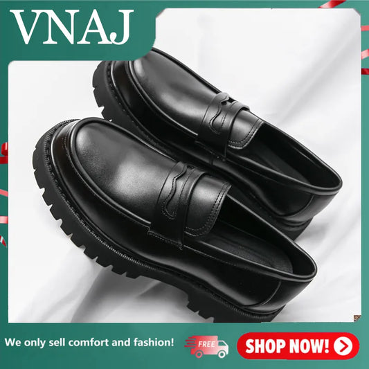 VNAJ Platform Shoes Loafers Shoes Men Thick-soled Wedding Shoes Black Formal Business Shoes Slip-on Leather Increase