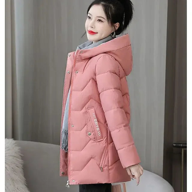 Winter Fashion Women Mid Length Down Cotton Jacket Korean Loose Thick Warm Padded Coat Female Hooded Parkas Outerwear Winter