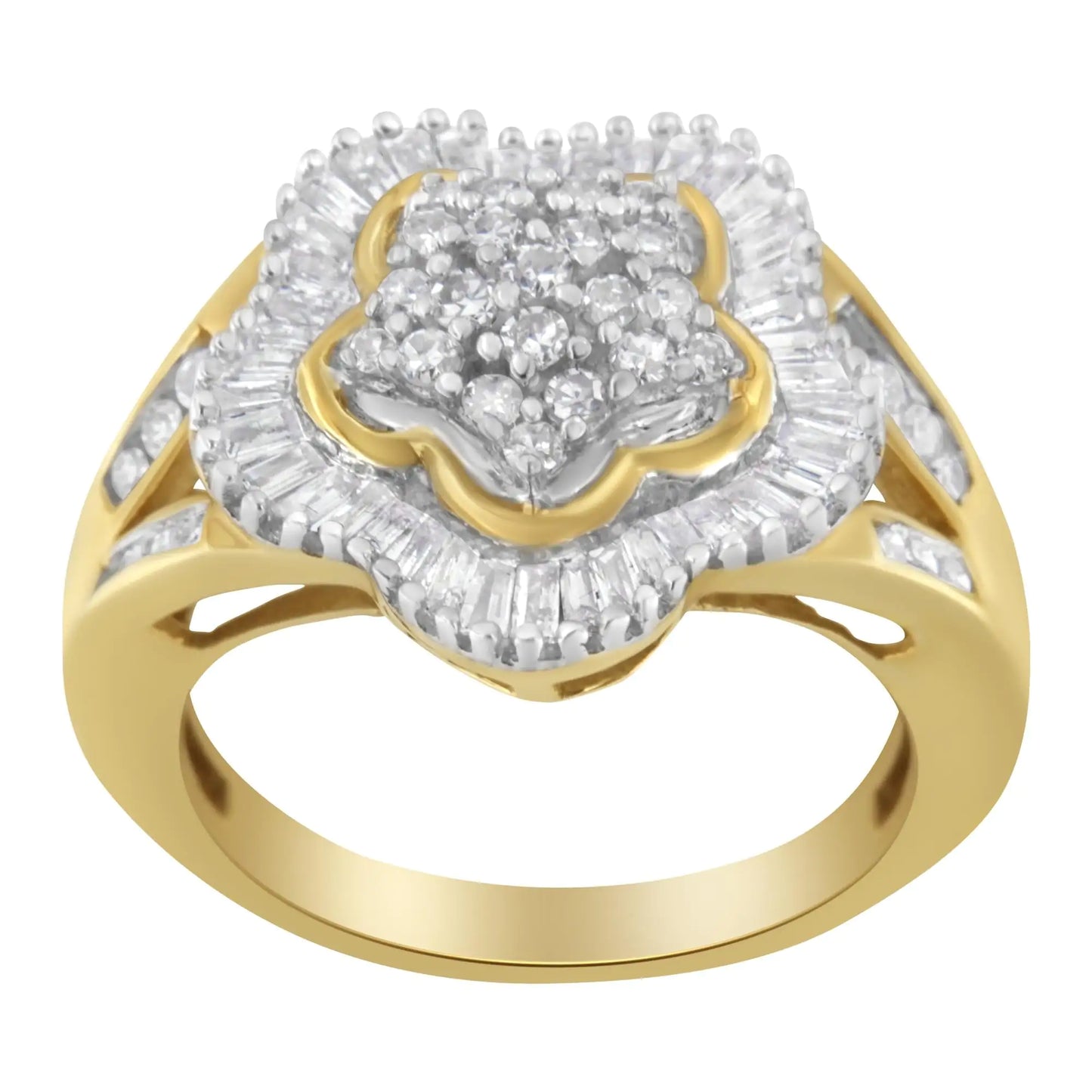 10KT Yellow Gold Round and Baguette Cut Diamond Ballerina Ring (1 cttw, I-J Color, SI1-SI2 Clarity)