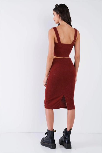 Rust Red Mock Button U-Shape Hem Crop & Midi Bodycon Skirt Set /1-2-2