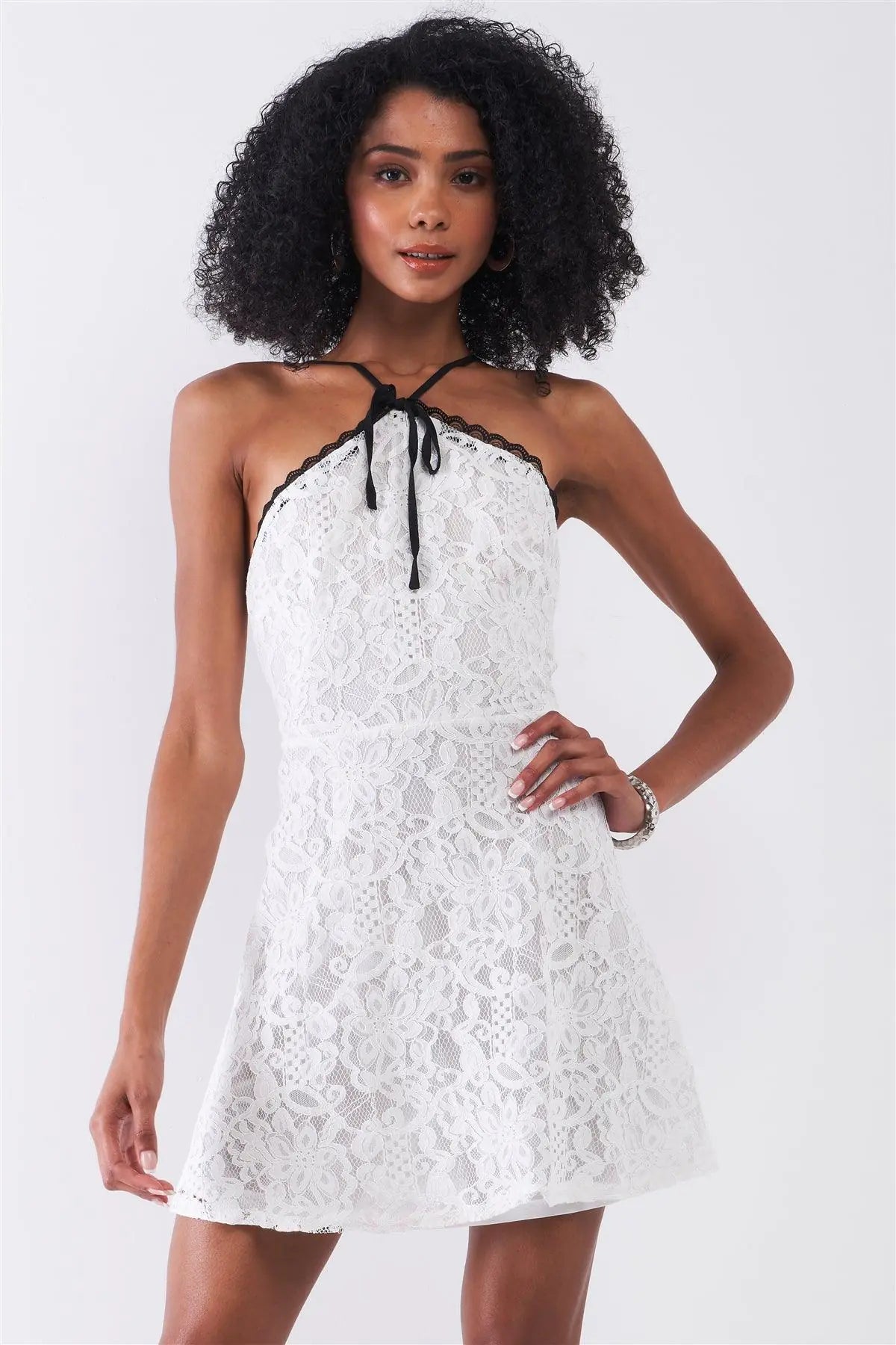 Playdate White Lace Crochet Sleeveless High Neck Open Back Detail Fit & Flare Mini Dress /1-2-2-1