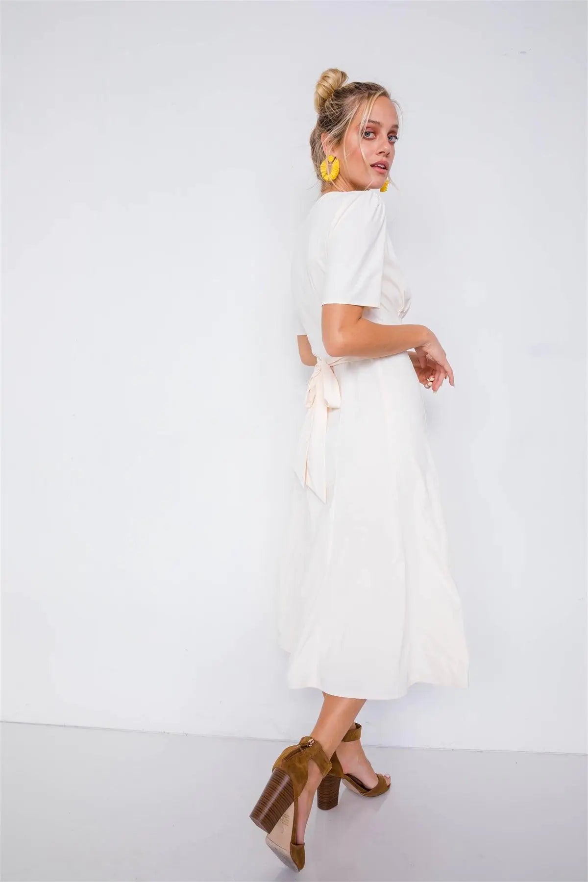 Yogurt V-Neck Mock Wrap Modern Midi Dress /3-2-1