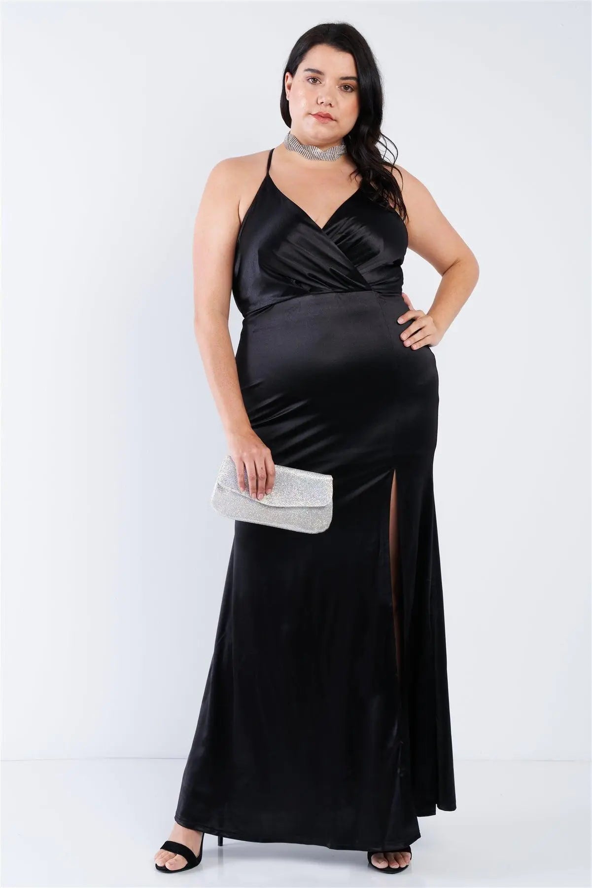 Plus Size Black Surplice Open Criss Cross Back Maxi Dress /2-1-1