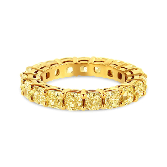 IGI Certified 18K Yellow Gold 5.0 Cttw Shared Prong Set Natural Fancy Yellow Cushion Diamond Eternity Band Ring (Yellow Color, VVS2-VS1 Clarity)