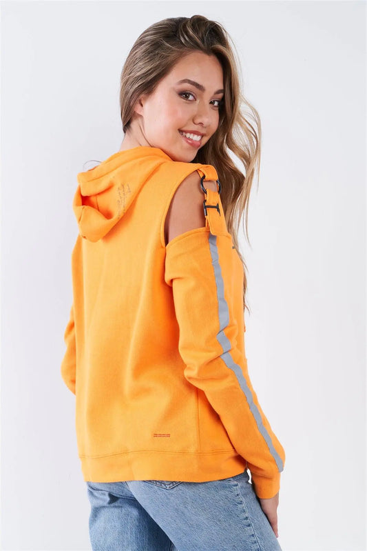 Orange Long Sleeve Adjustable Buckle Cold Shoulder "Celebrating Life" Hoodie