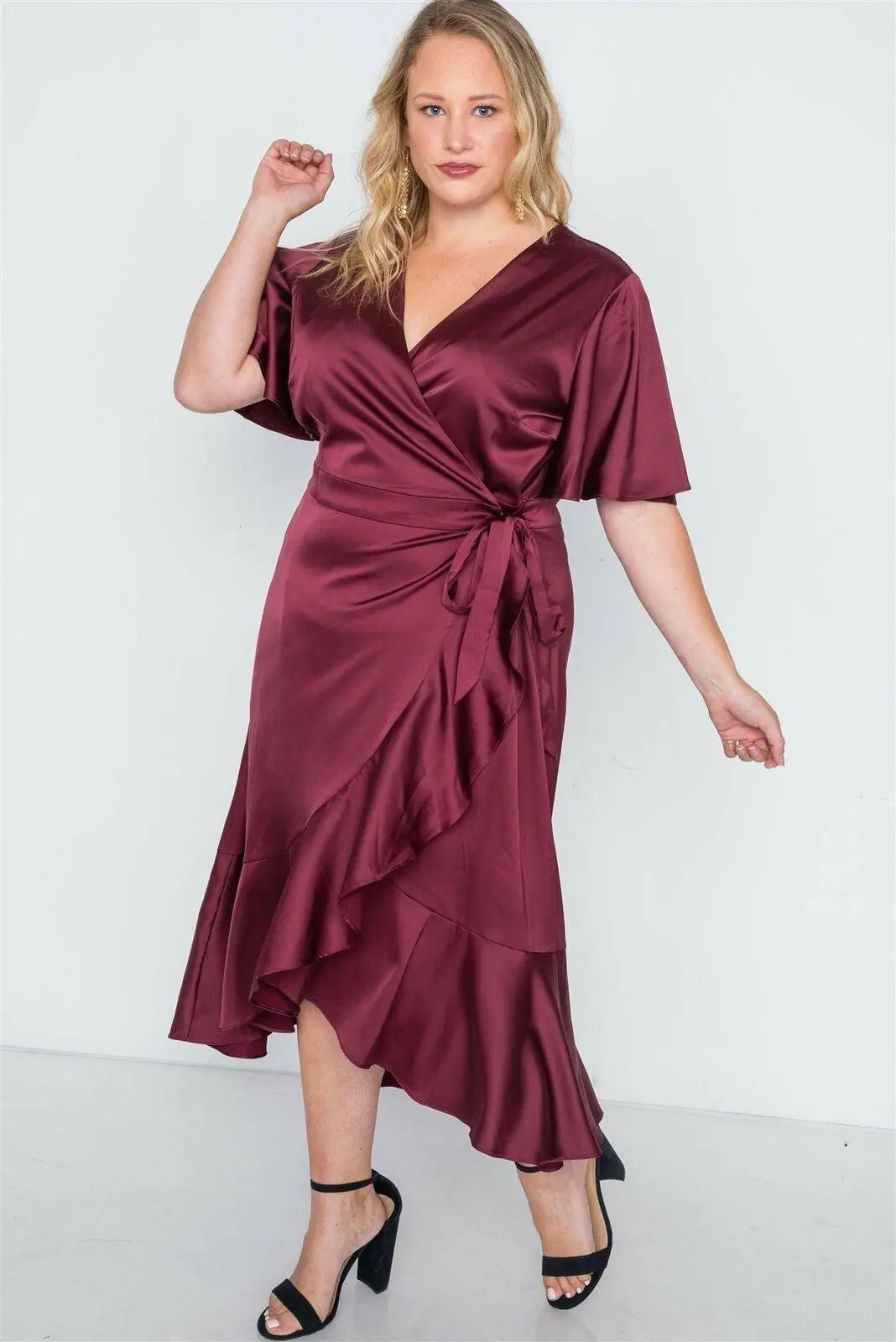 Plus Size Burgundy Satin Flounce Dress