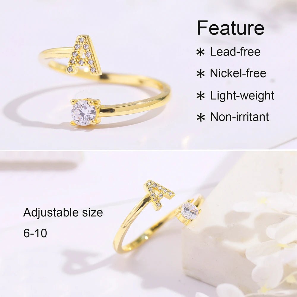 A-Z Letter Initial Name Open Rings for Women Men gold plated Zircon Stone Alphabet Rings Couple Friendship Jewelry Gift - Jaazi Intl