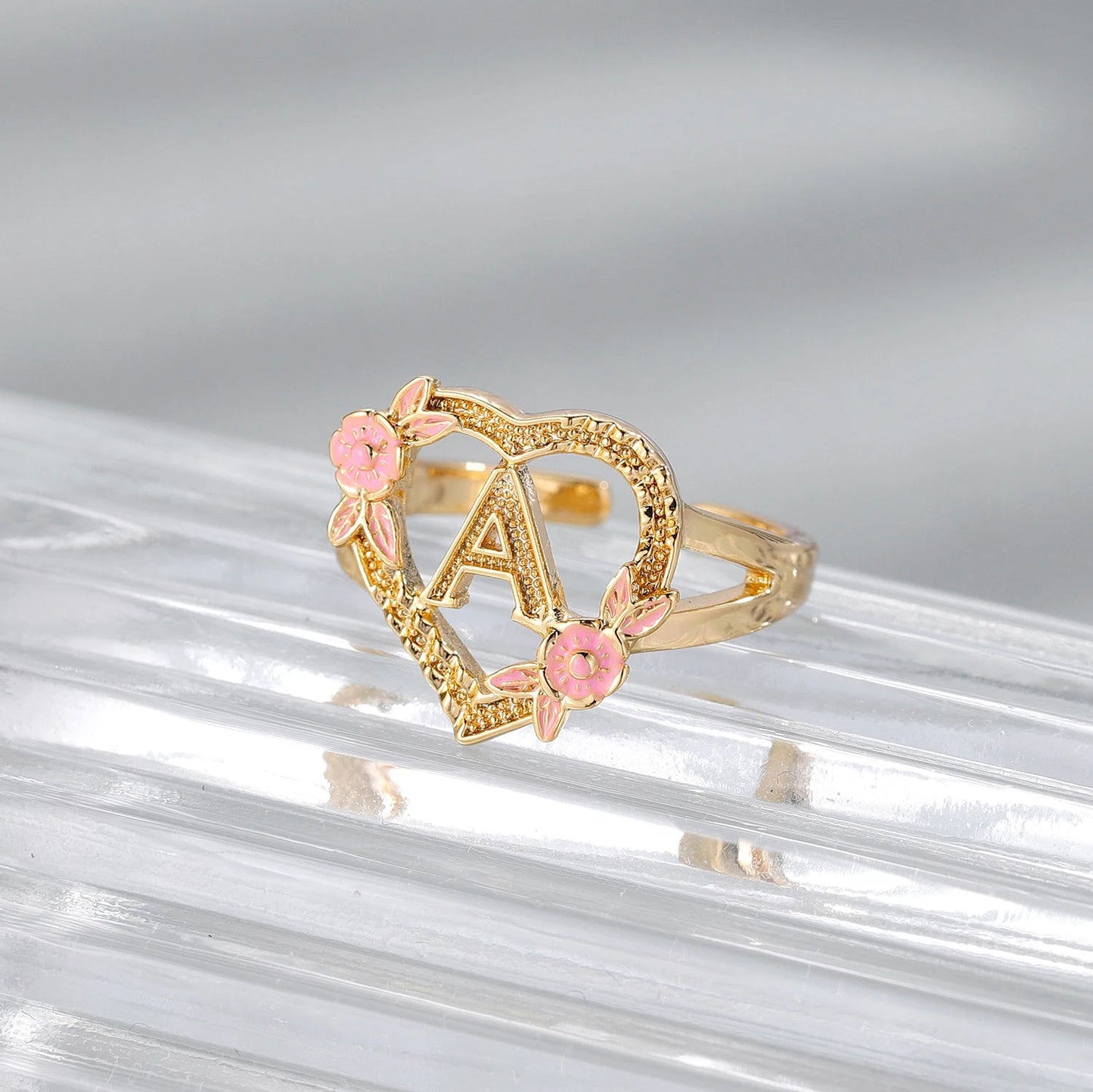 A-Z Letter Rings 18K GOLD PLATED CUSTOMIZED YELLOW & ROSE GOLD HEART INITIAL LETTER RING ANILLO ADJUSTABLE SIZES 6-12 Mom Gift - Jaazi Intl