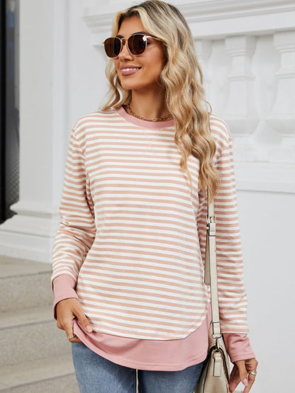 Striped Round Neck Long Sleeve Sweatshirt