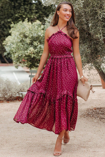 Robe longue rouge à pois