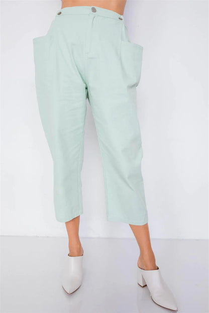 Pastel Sage Chic Solid Ankle Wide Leg Adjustable Snap Waist Pants /3-2-1