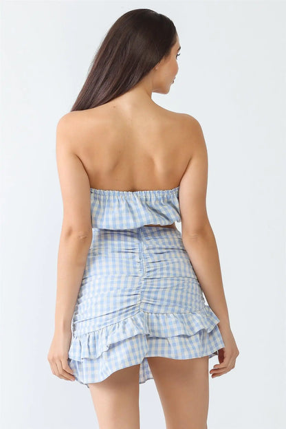 Plaid Cotton Strapless Crop Top & High Waist Flare Hem Mini Skirt Set