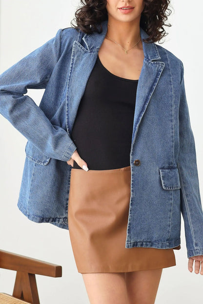 Oversize Long Sleeve Front Pocket Denim Blazer Jacket