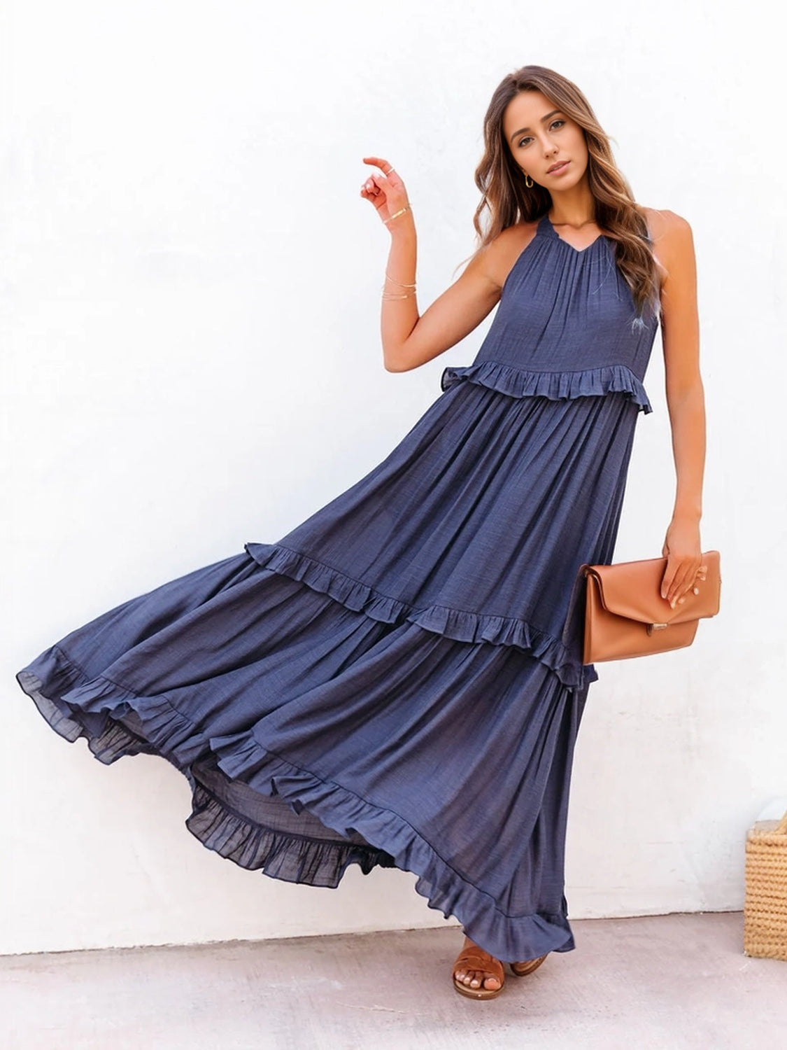 Ruffled Sleeveless Tiered Maxi Dress with Pockets