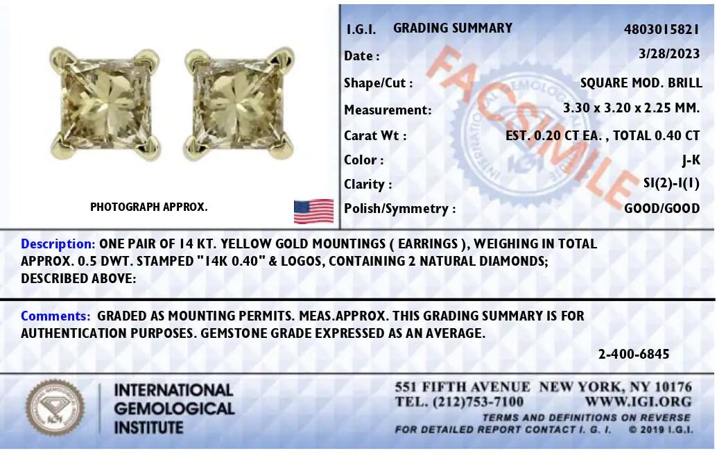 AGS Certified 14K Gold 4 - Prong Set Princess - Cut Solitaire Diamond Push Back Stud Earrings (J - K Color, I1 - I2 Clarity) - Jaazi Intl