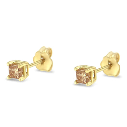 AGS Certified 14K Gold 4 - Prong Set Princess - Cut Solitaire Diamond Push Back Stud Earrings (J - K Color, I1 - I2 Clarity) - Jaazi Intl