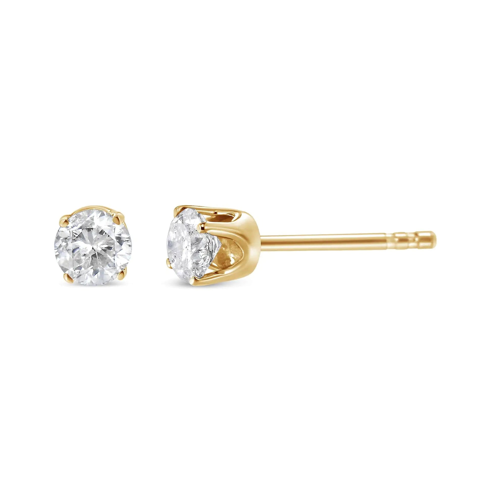 AGS Certified 14K Yellow Gold 1/2 Cttw 4 Prong Set Brilliant Round - Cut Solitaire Diamond Push Back Stud Earrings (O - P, Color, SI2 - I1 Clarity) - Jaazi Intl