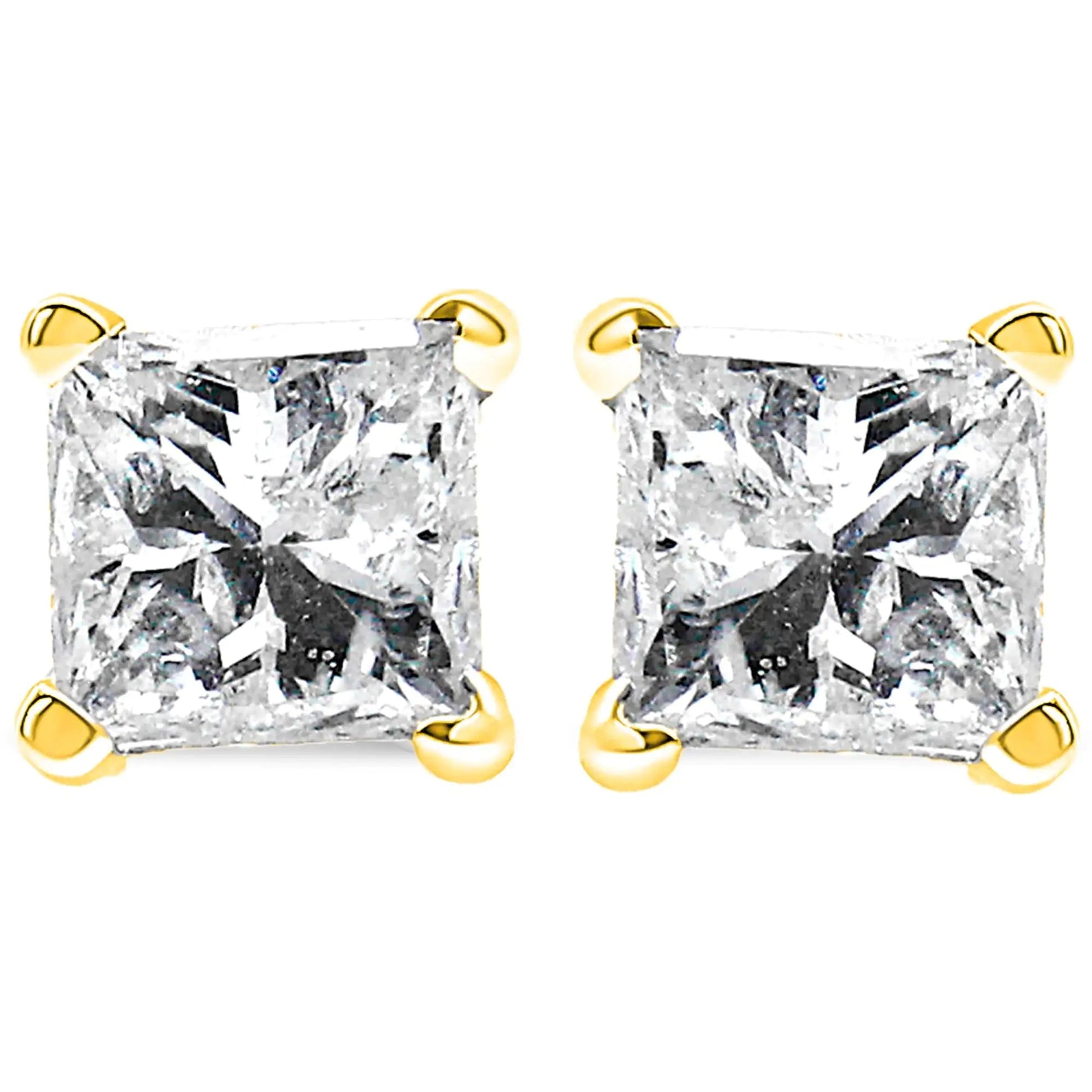 AGS Certified Princess - Cut Square Diamond 4 - Prong Solitaire Stud Earrings in 14K Yellow Gold (L - M Color, SI1 - SI2 Clarity) - Jaazi Intl