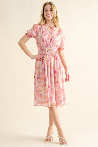 And The Why Full Size Smocked Waist Printed Midi Dress - Jaazi Intl