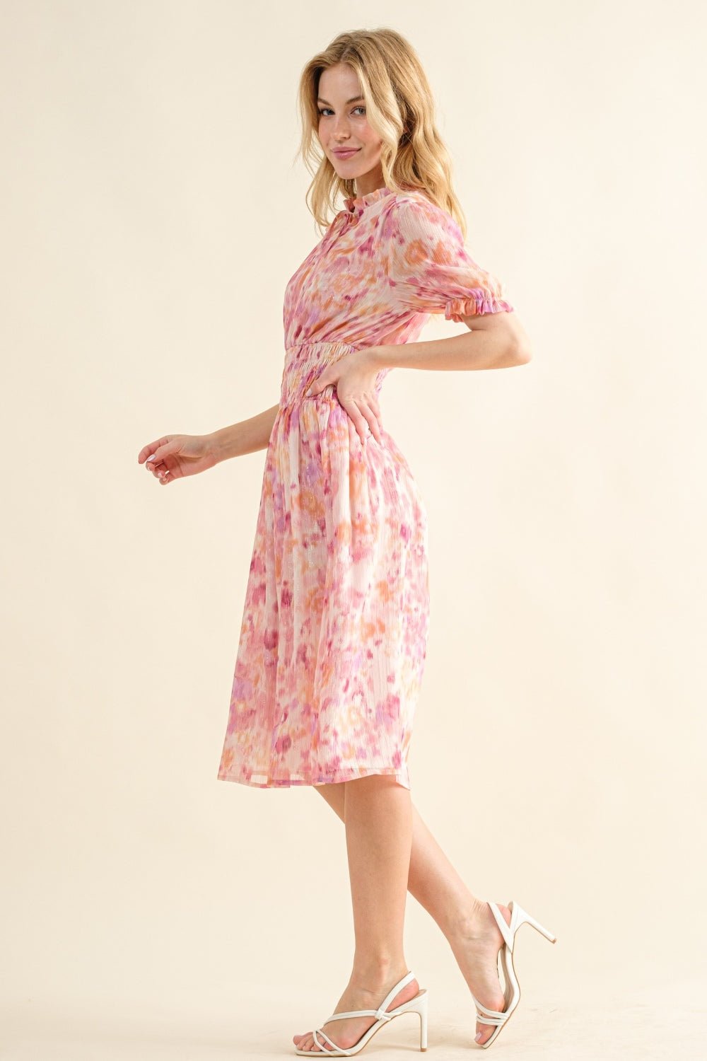 And The Why Full Size Smocked Waist Printed Midi Dress - Jaazi Intl