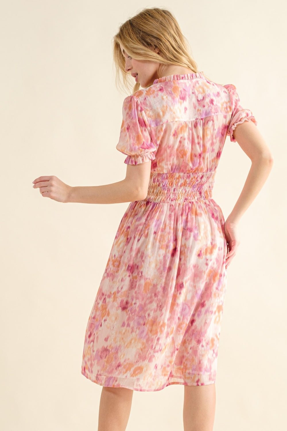 And The Why Full Size Smocked Waist Printed Midi Dress - Jaazi Intl